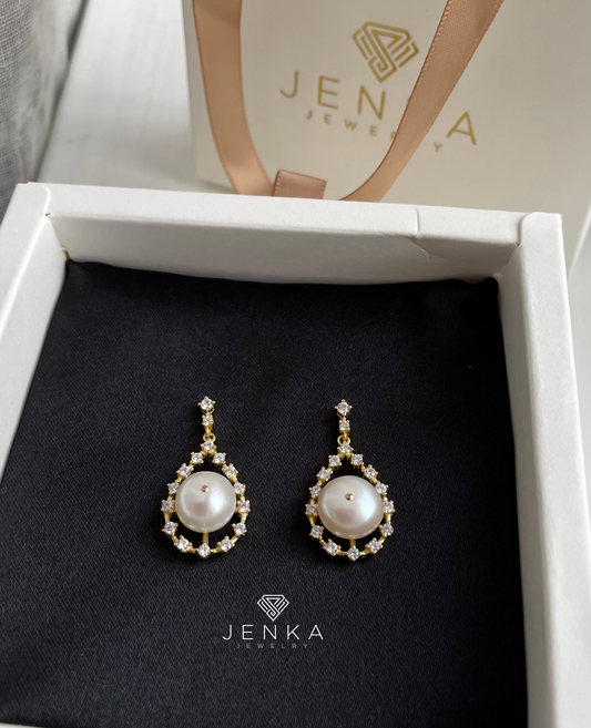 Round Pearl Golden Drop Earrings