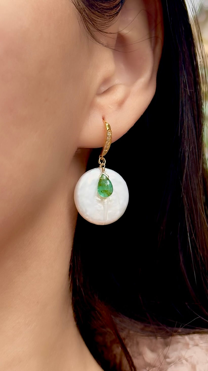 Coin Pearl& Emerald Earrings