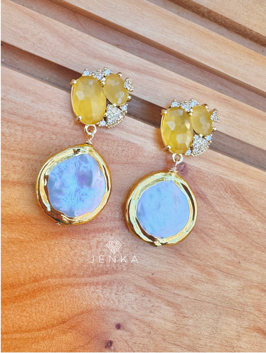 Coin Pearl & Yellow Jade Earrings