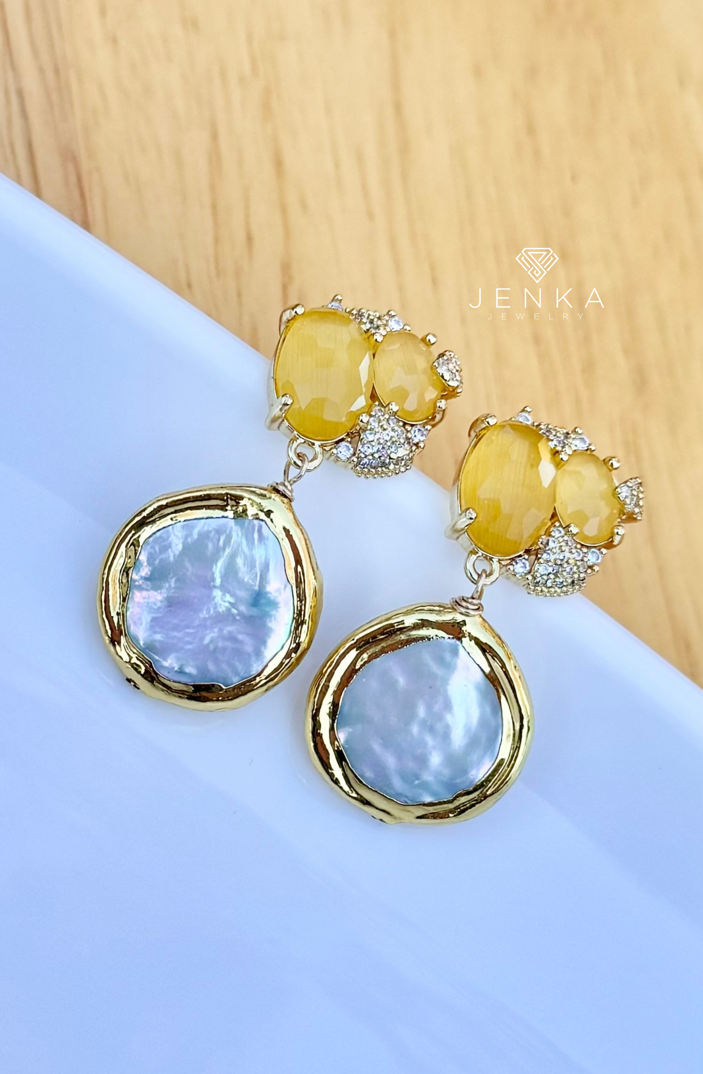Coin Pearl & Yellow Jade Earrings