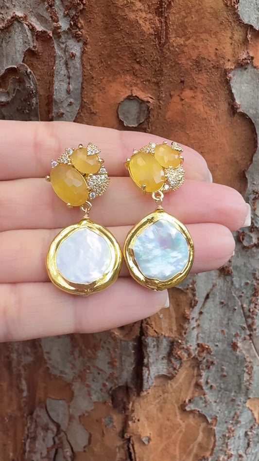 Coin Pearl & Yellow Jade Earrings