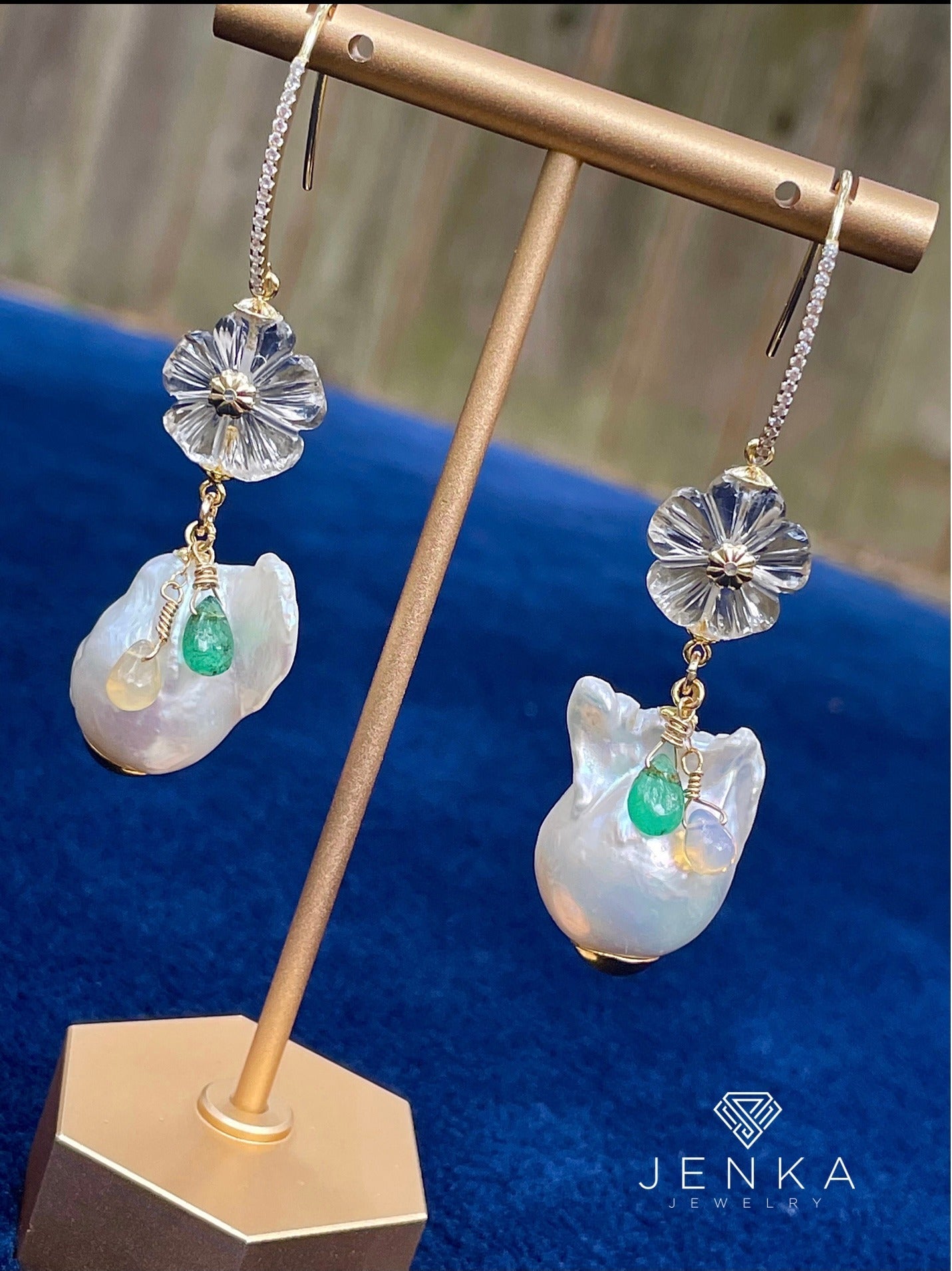 Baroque Pearl with Emerald & Opal Earrings
