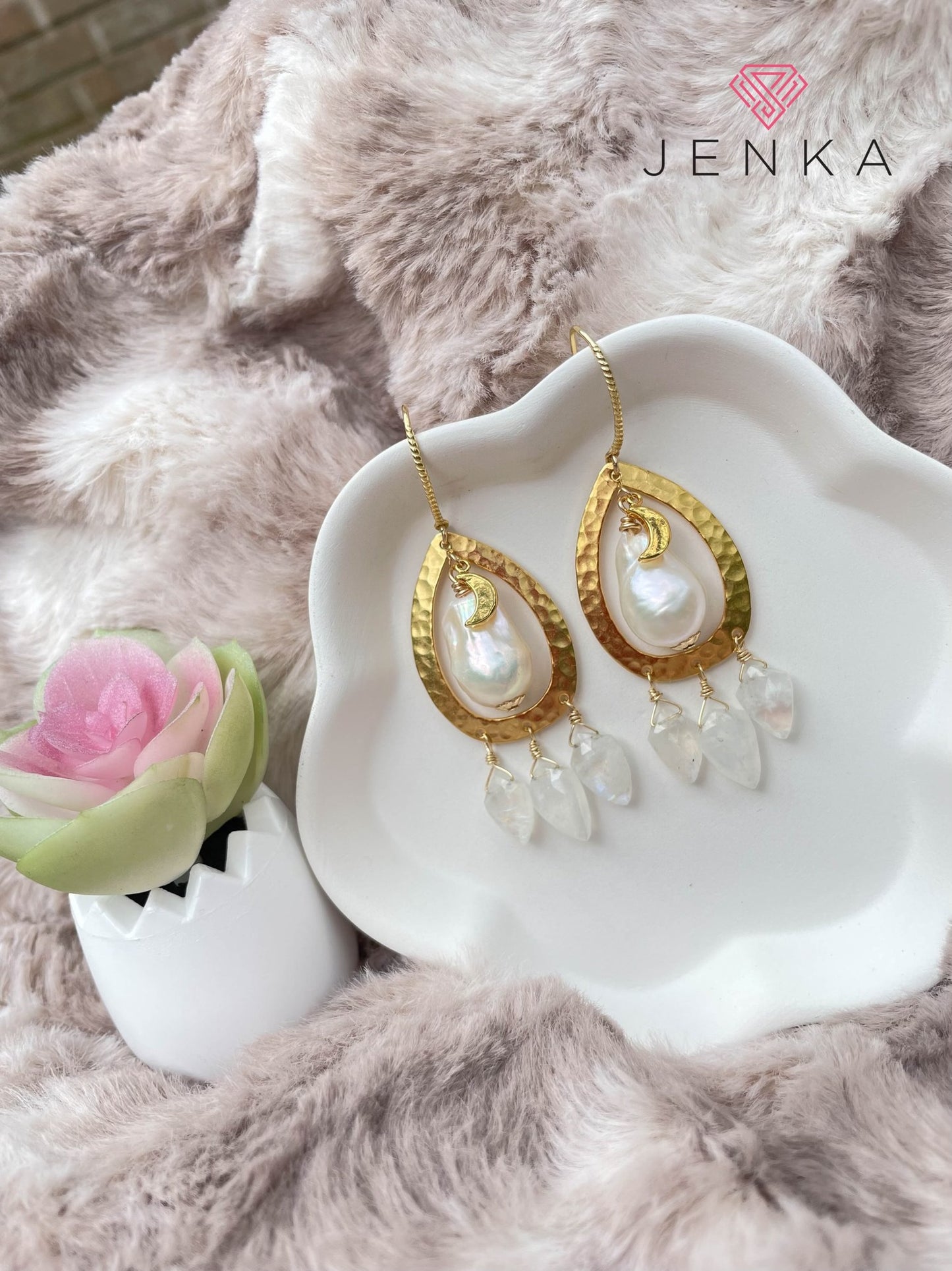 Baroque Pearl and  Rainbow Moonstone Earrings