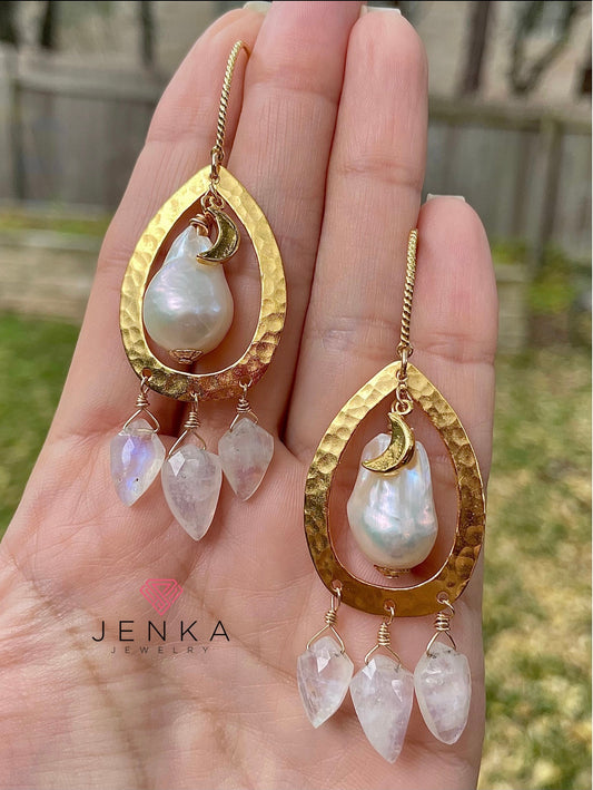 Baroque Pearl and  Rainbow Moonstone Earrings